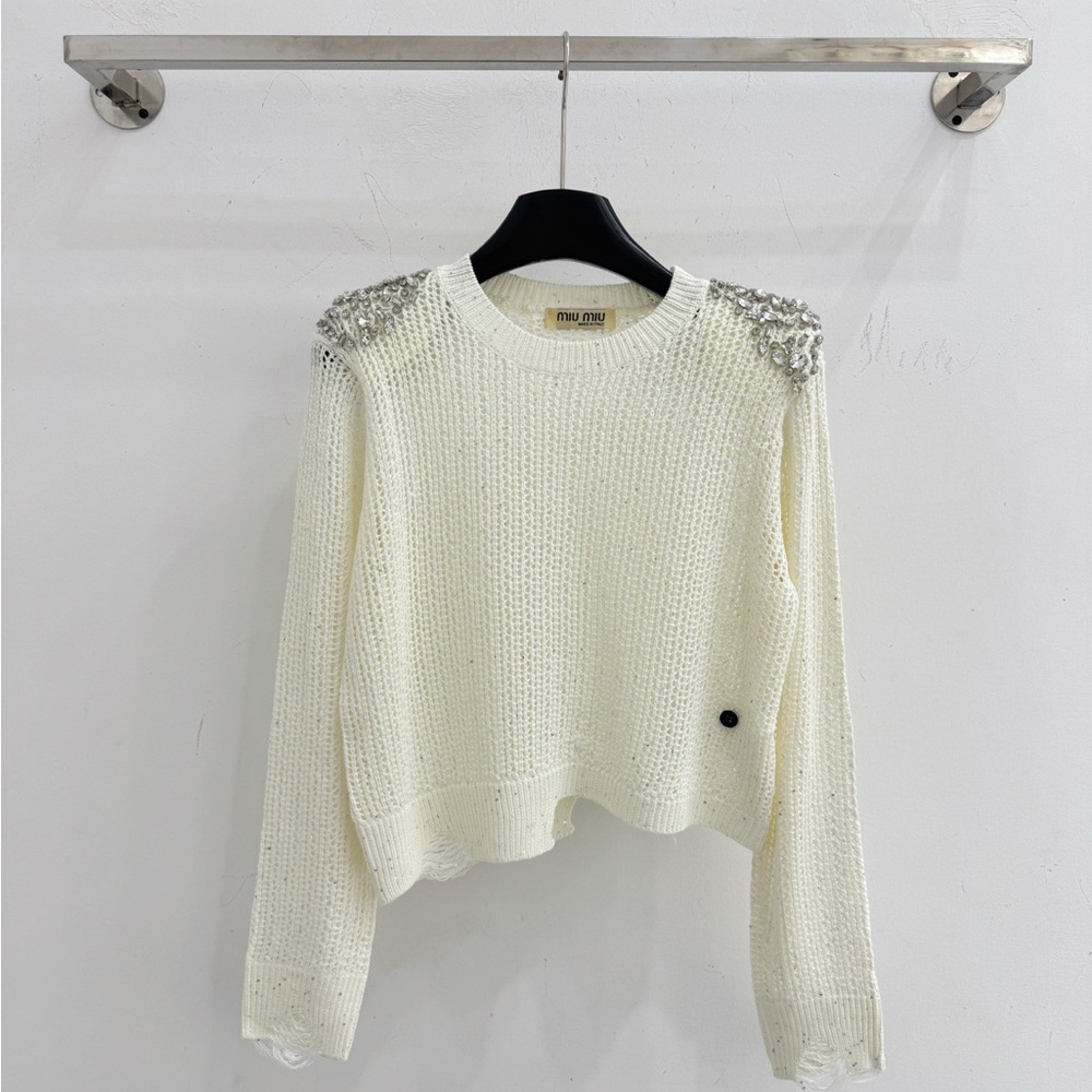 Miu Miu Cream Crewneck Sweater with Beaded Shoulder Detail